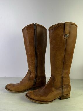 Frye Melissa Button Inside Zip Tall Leather Boots Cognac Distressed Size 8